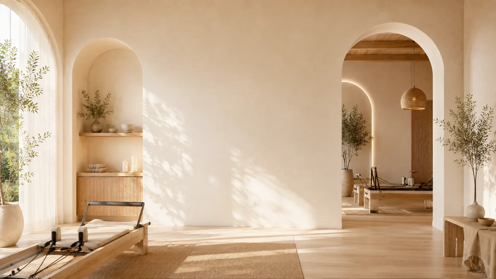 Le studio — arches de chaux, lumière traversante et reformers en bois clair